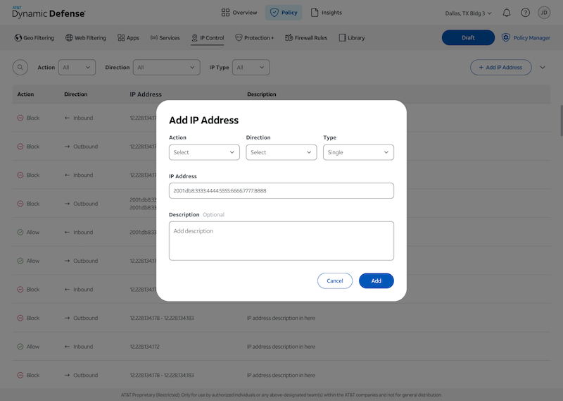 IP control pop up to add new IP address